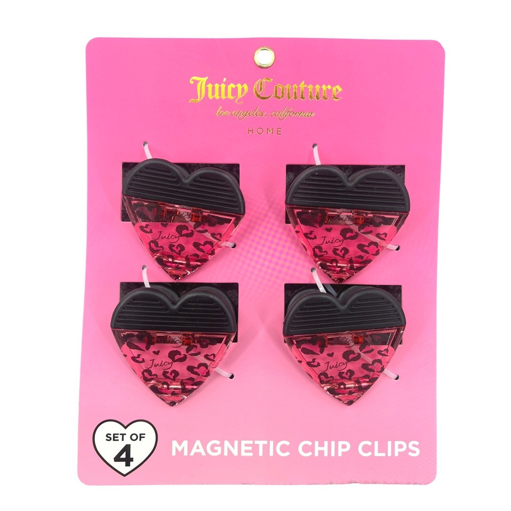 Juicy Couture Magnetic Chip Clips Set of 4 Pink Leopard Print Heart Y2K NEW